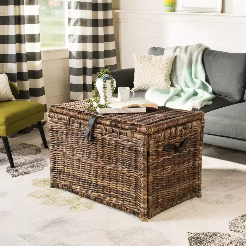 Coffre de rangement en osier de 89 cm de large avec sangle en cuir, pliable