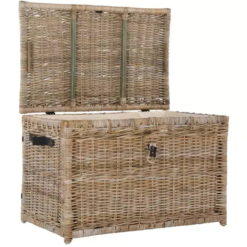 Coffre de rangement en osier de 89 cm de large avec sangle en cuir, pliable