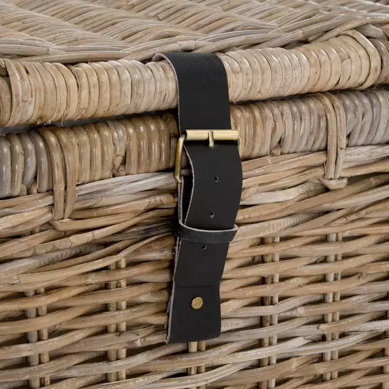 Coffre de rangement en osier de 89 cm de large avec sangle en cuir, pliable