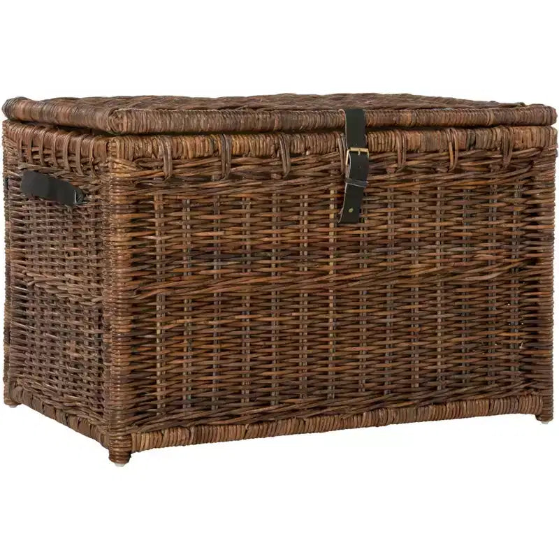 Coffre de rangement en osier de 89 cm de large avec sangle en cuir, pliable