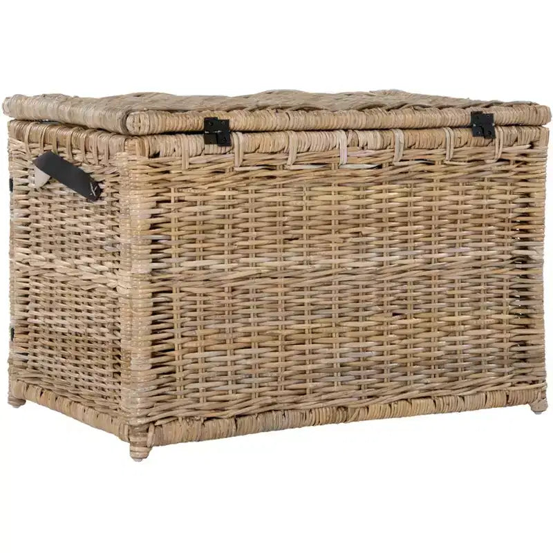 Coffre de rangement en osier de 89 cm de large avec sangle en cuir, pliable