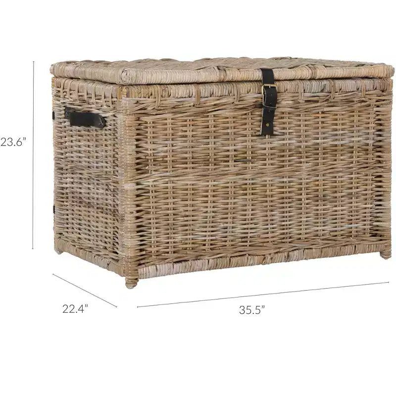 Coffre de rangement en osier de 89 cm de large avec sangle en cuir, pliable