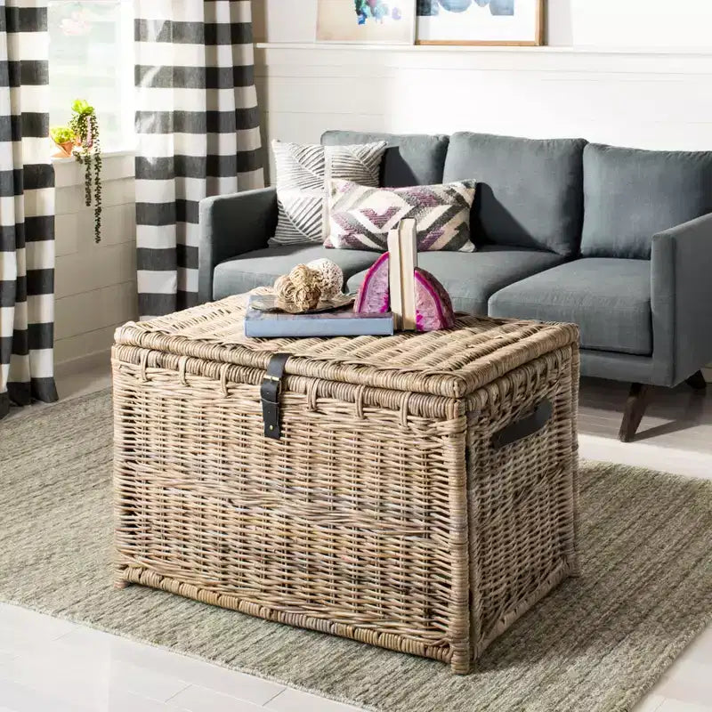 Coffre de rangement en osier de 89 cm de large avec sangle en cuir, pliable