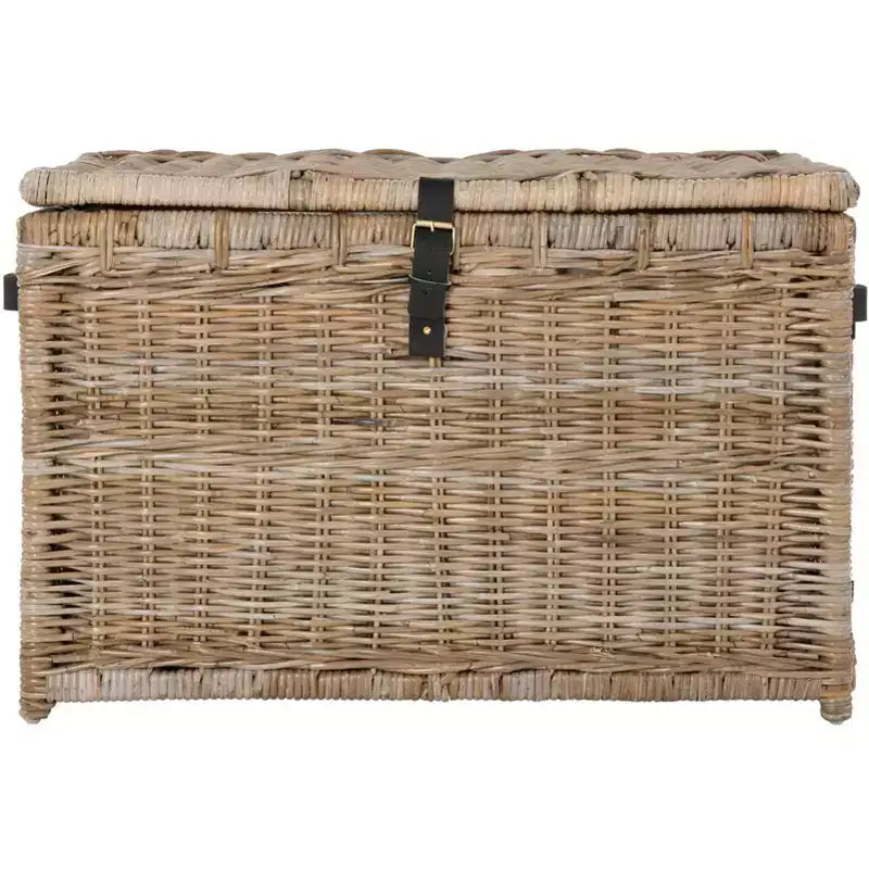 Coffre de rangement en osier de 89 cm de large avec sangle en cuir, pliable