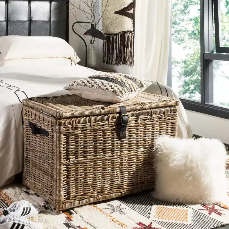 Coffre de rangement en osier de 89 cm de large avec sangle en cuir, pliable
