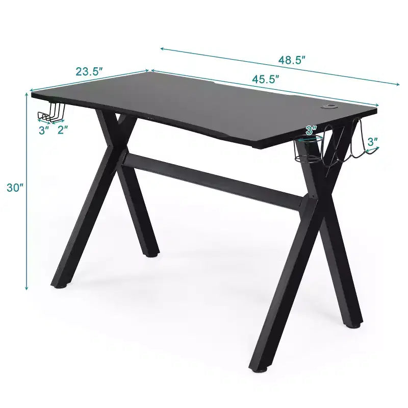 Bureau de gamer avec porte-gobelet et crochet pour casque, poste de travail de 48,5 po