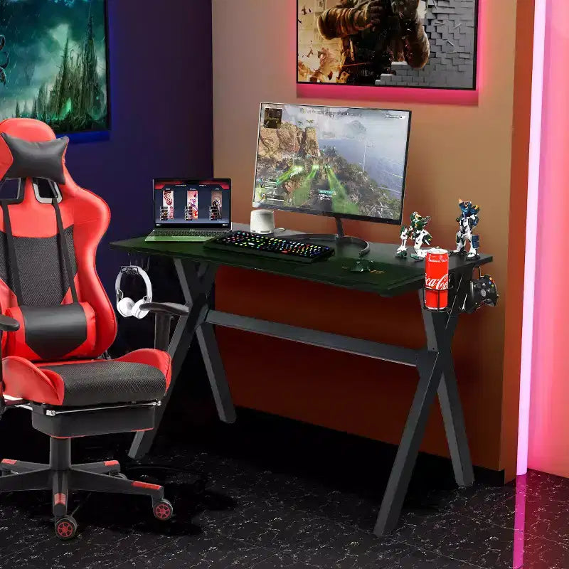 Bureau de gamer avec porte-gobelet et crochet pour casque, poste de travail de 48,5 po