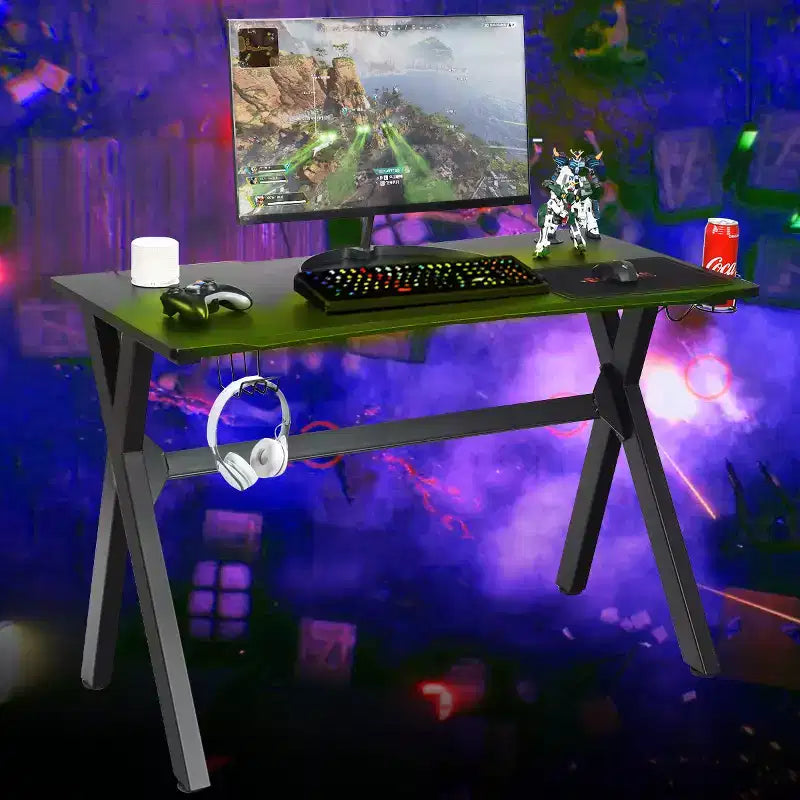 Bureau de gamer avec porte-gobelet et crochet pour casque, poste de travail de 48,5 po