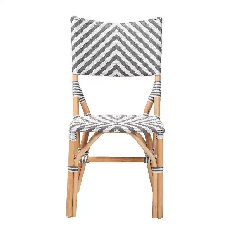 Chaise de bistrot en rotin tressé gris français et blanc, entièrement assemblée