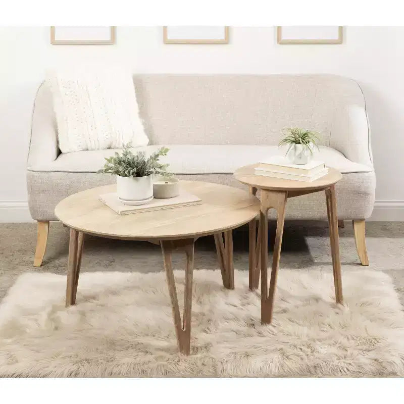 Table basse ronde en manguier avec pieds épingle à cheveux