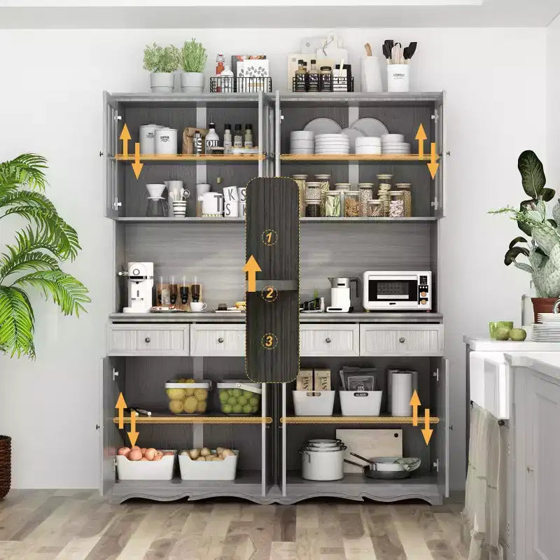 61.2W Armoire de rangement grise Buffet enfilade de cuisine avec moulures décoratives à la base