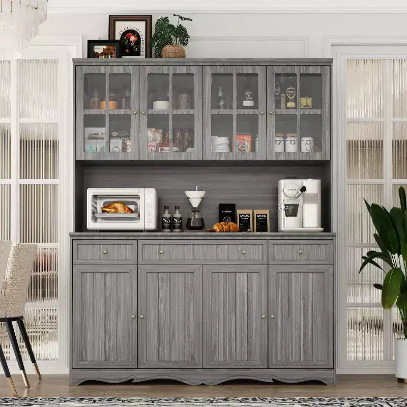 61.2W Armoire de rangement grise Buffet enfilade de cuisine avec moulures décoratives à la base
