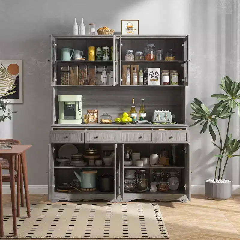 61.2W Armoire de rangement grise Buffet enfilade de cuisine avec moulures décoratives à la base