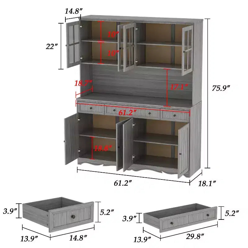 61.2W Armoire de rangement grise Buffet enfilade de cuisine avec moulures décoratives à la base