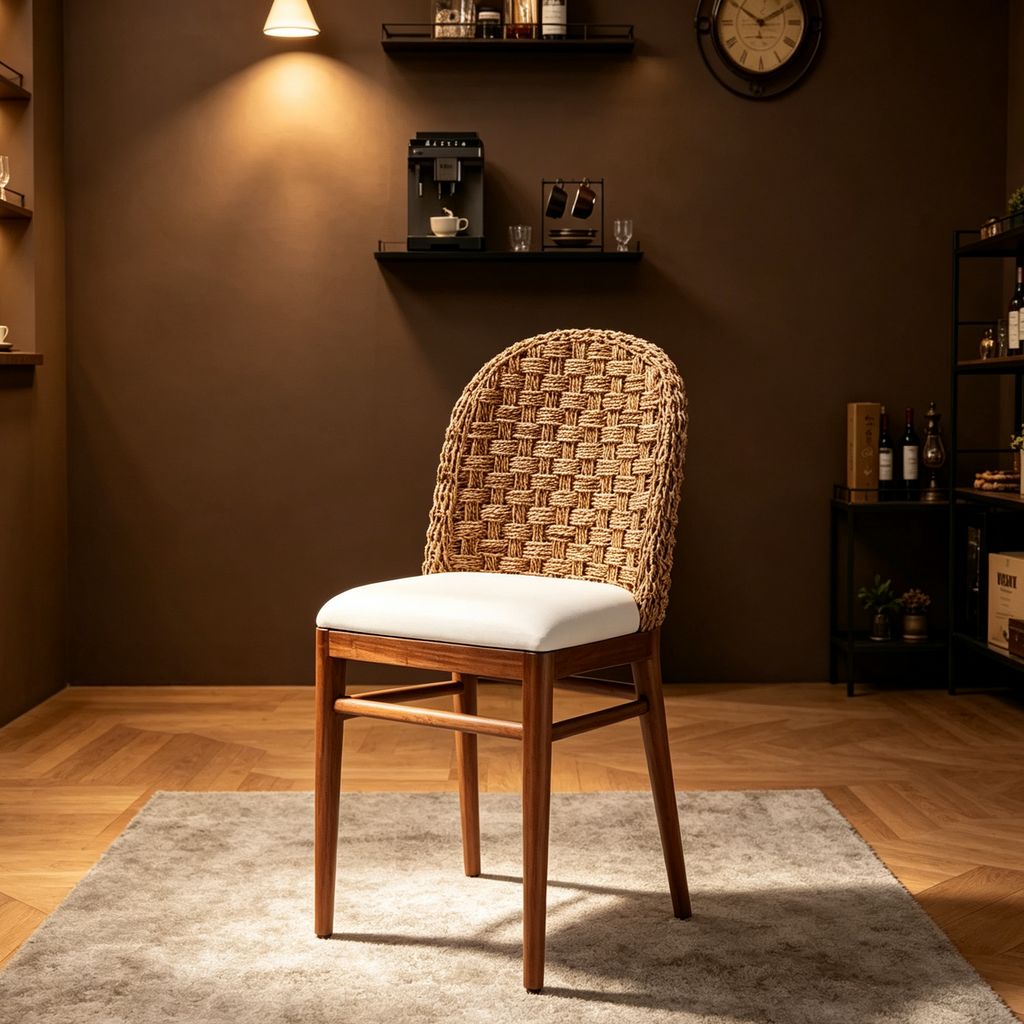 Chaise de salle à manger Denver en bois d'acacia et jonc de mer blanc/noyer : style bohème, rembourrage en mousse