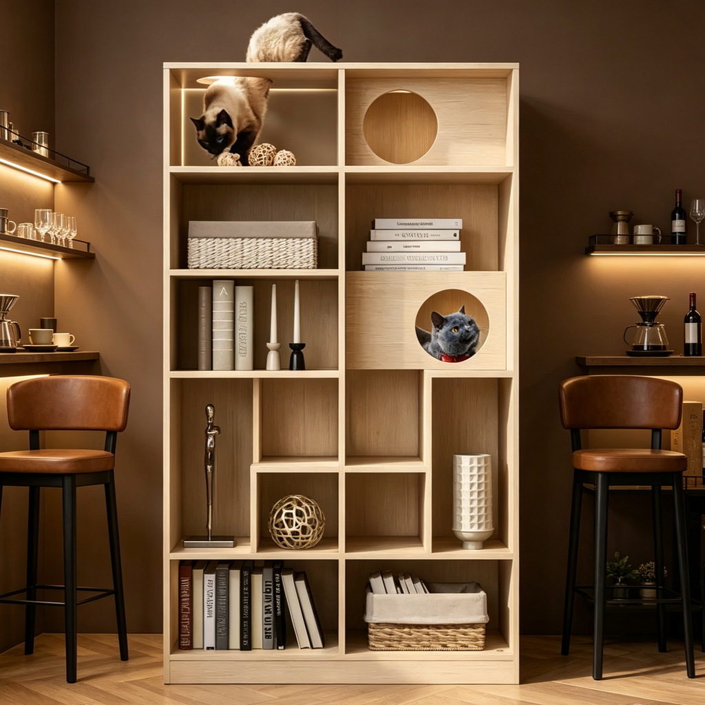 Bibliothèque moderne avec litière pour chat, vitrine avec étagère d'escalade pour chat, bibliothèque 2 en 1 pour salon, chambre, naturel
